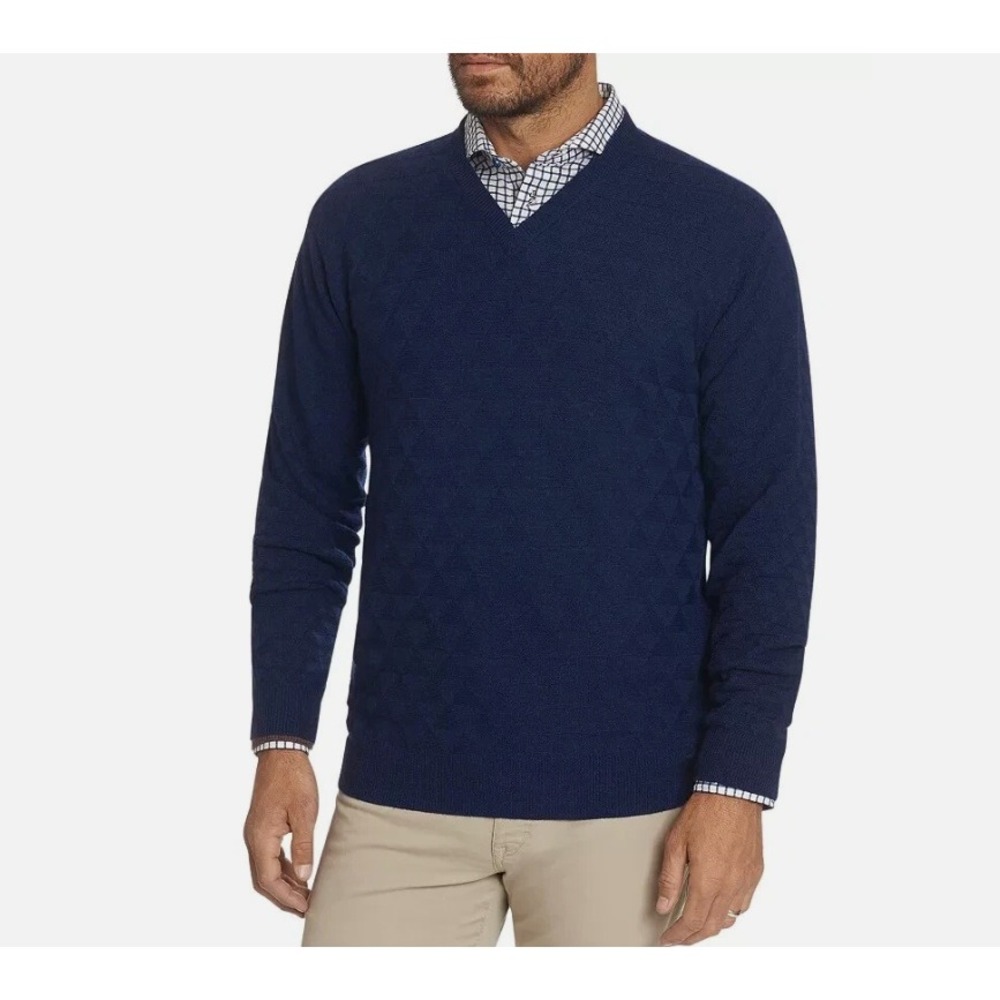 NWT Robert Graham Randie V-Neck Textured Sweater 100% Merino Wool Navy Small